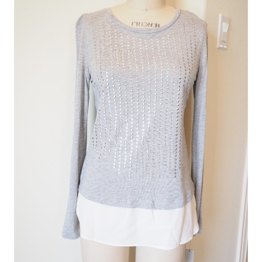 Apt. 9 Gray, long sleeve tee shirt, with bling and sheer bottom edge
